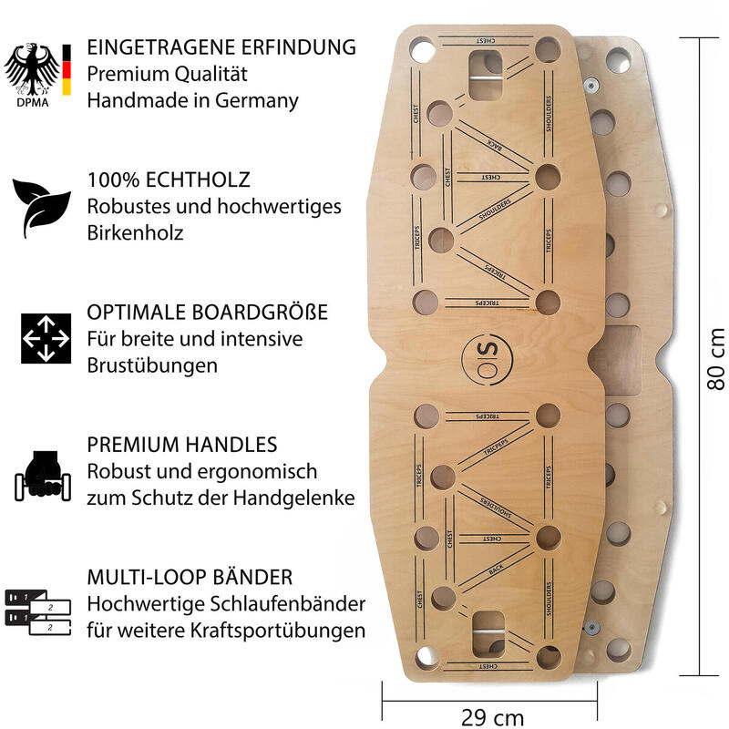 Liegestütze Brett Pro aus Echtholz mit Korkhalbrolle und Schlaufenbändern