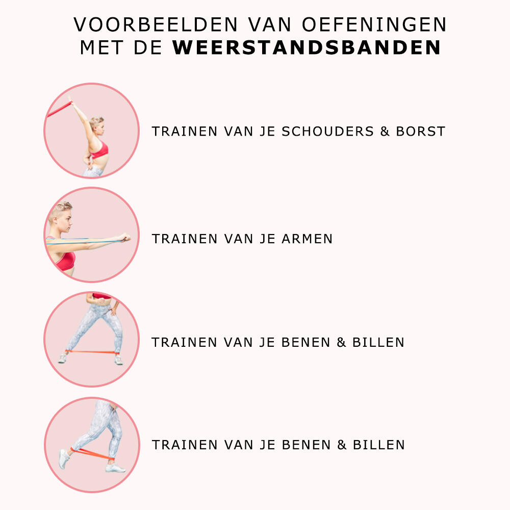 Fitness Elastiek - Set van 5 weerstandsbanden incl. opbergzak - Roze 3/3