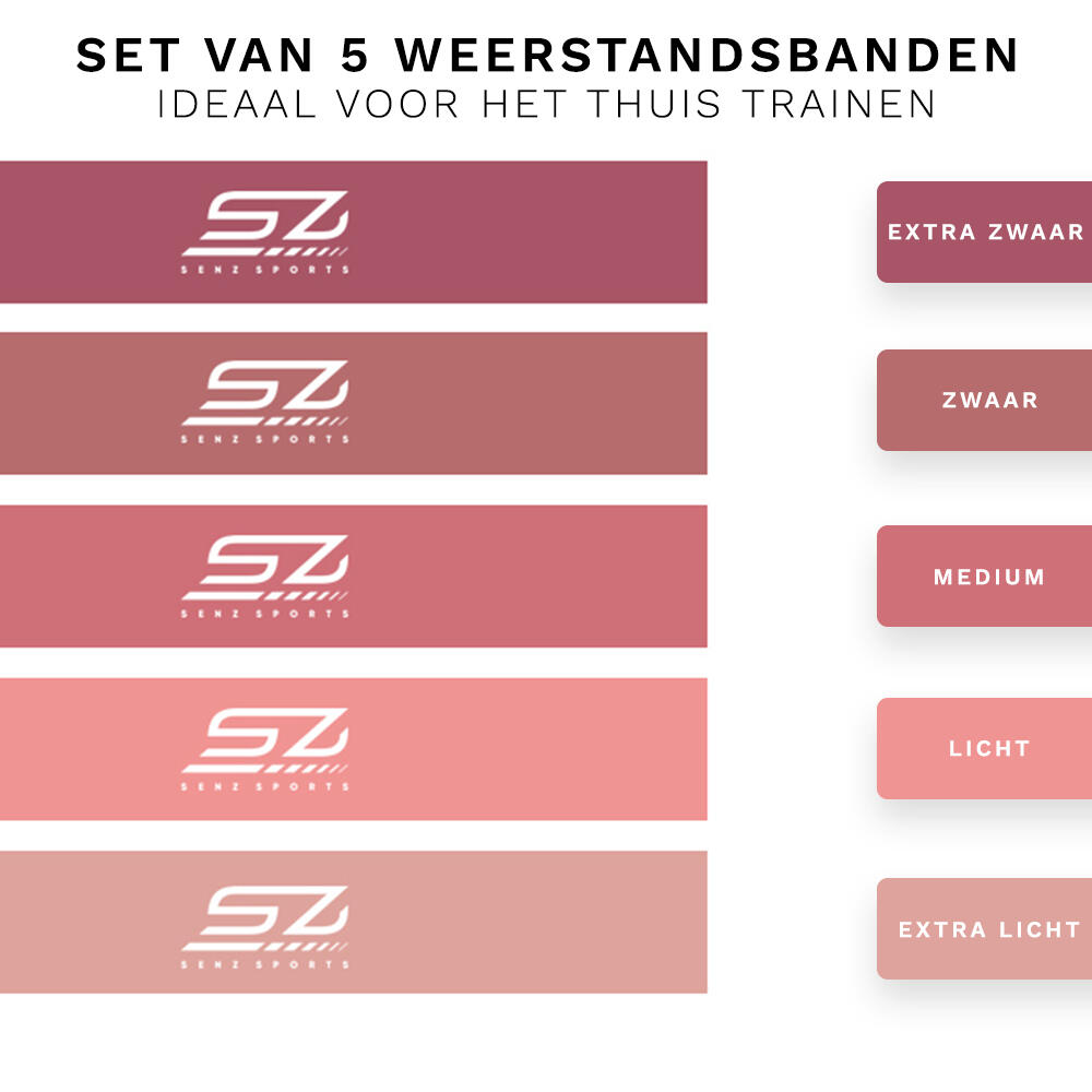 Fitness Elastiek - Set van 5 weerstandsbanden incl. opbergzak - Roze 2/3