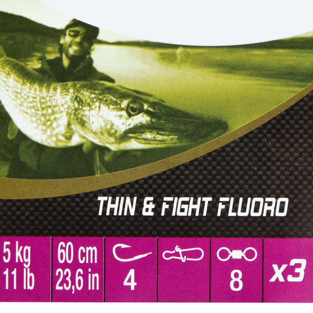 „THIN & FIGHT SINGLE/FLUORO 5 kg“ x 3 pavadėliai plėšriųjų žuvų žvejybai