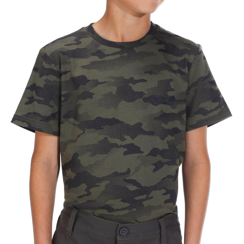 Camiseta Manga Corta Niños Caza Solognac 100 Algodón Camuflaje Militar Caqui