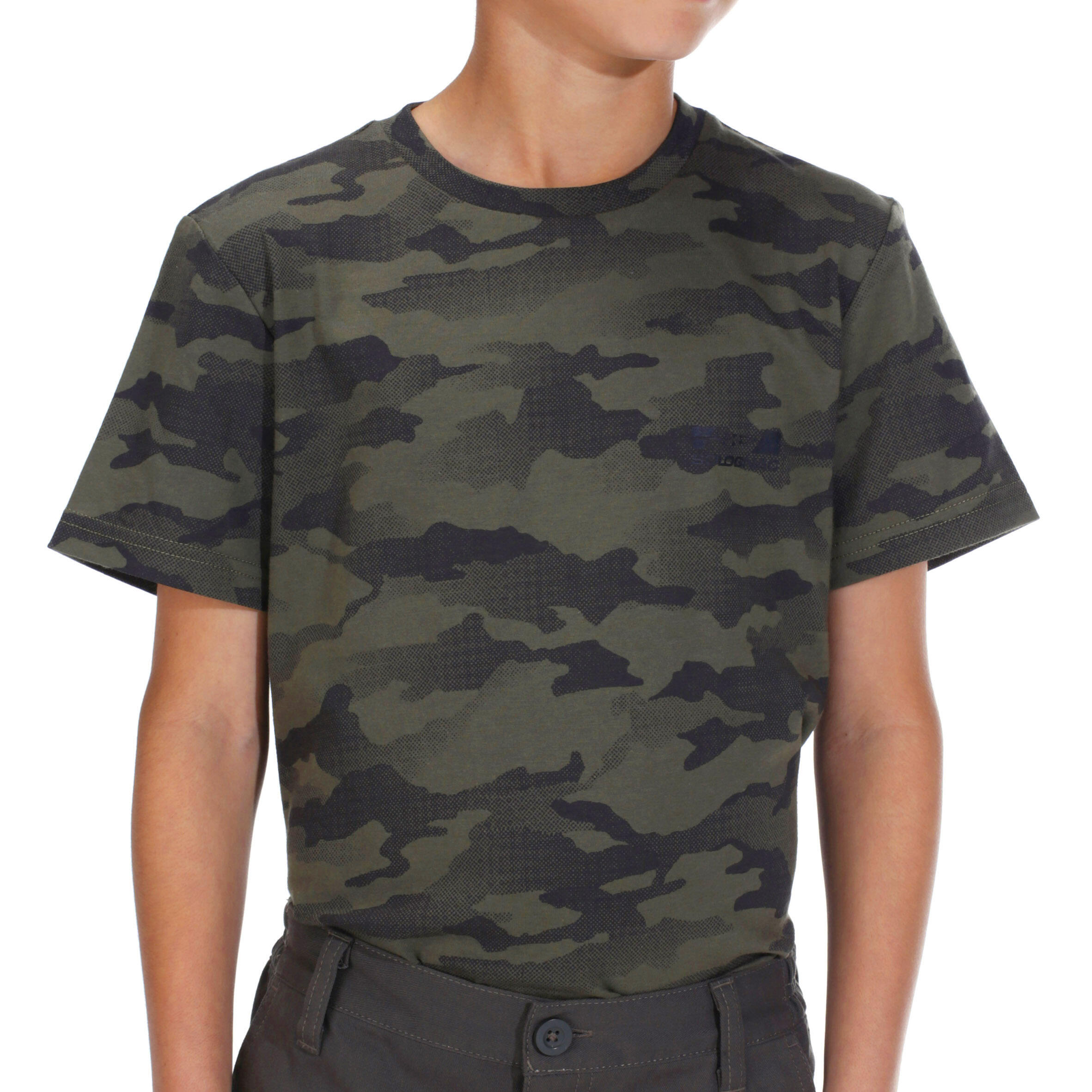 T-shirt junior a maniche corte in cotone da caccia - 100 camouflage mezzotinta verde