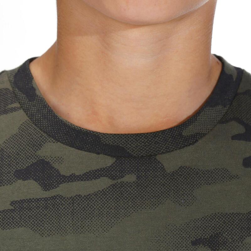 Camiseta Manga Corta Niños Caza Solognac 100 Algodón Camuflaje Militar Caqui
