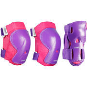 Set 3 protecciones patines patineta patín del diablo PLAY rosa y morado