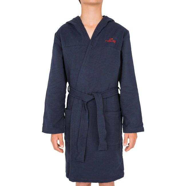 Kids' Lightweight Cotton Pool Bathrobe with Hood, Pocket & Belt Navy Blue