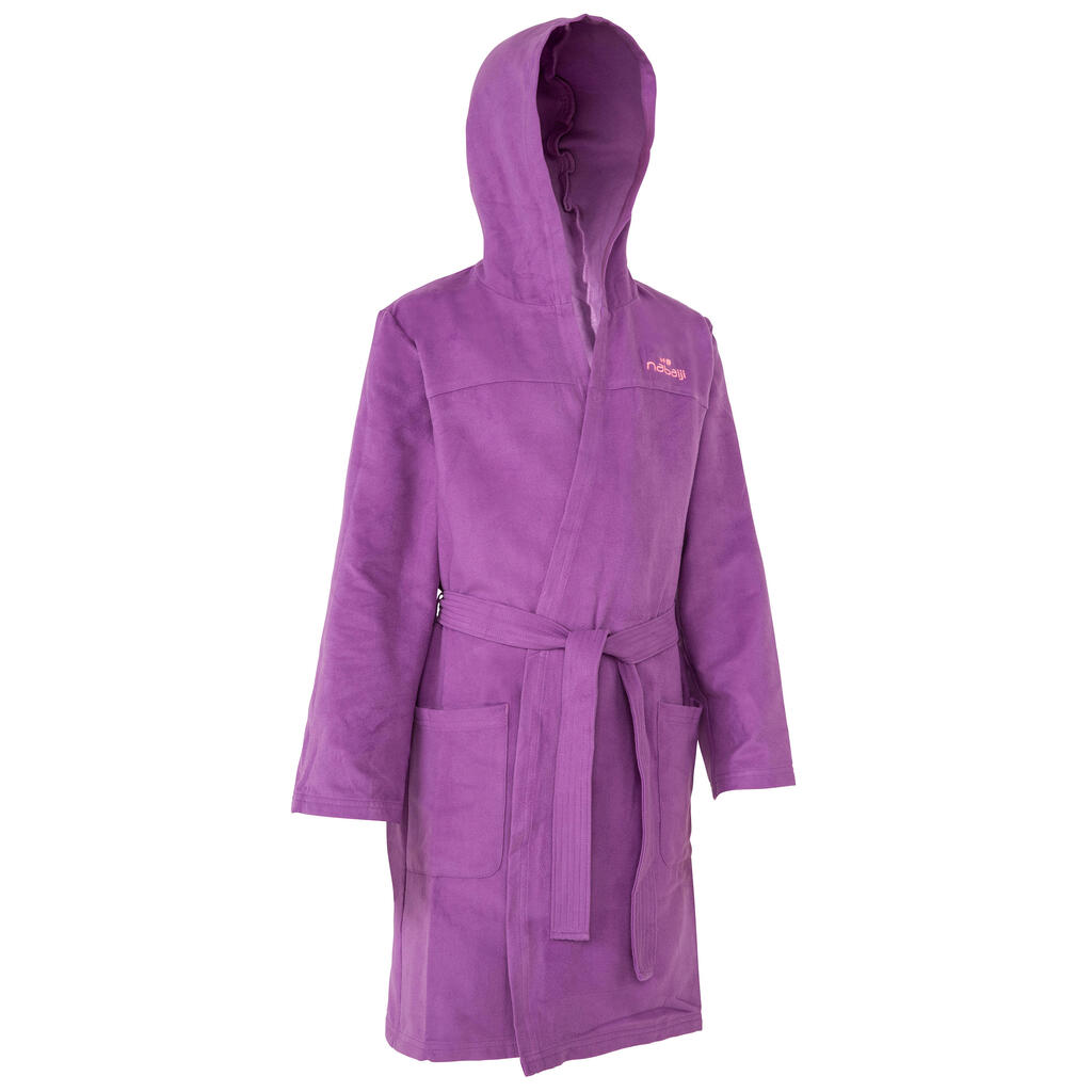 Purple kid's microfibre bathrobe with a hood, pockets and a belt