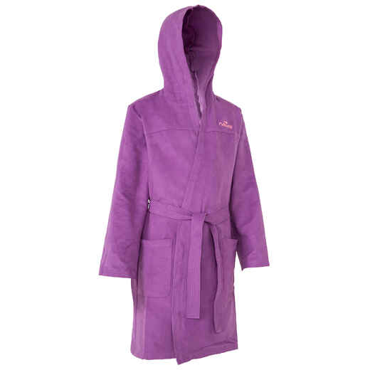 
      Purple kid's microfibre bathrobe with a hood, pockets and a belt
  