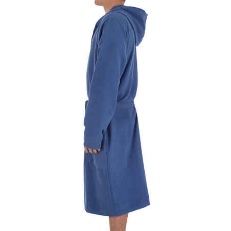 Dark blue men's microfibre pool bathrobe with hood, pockets and belt