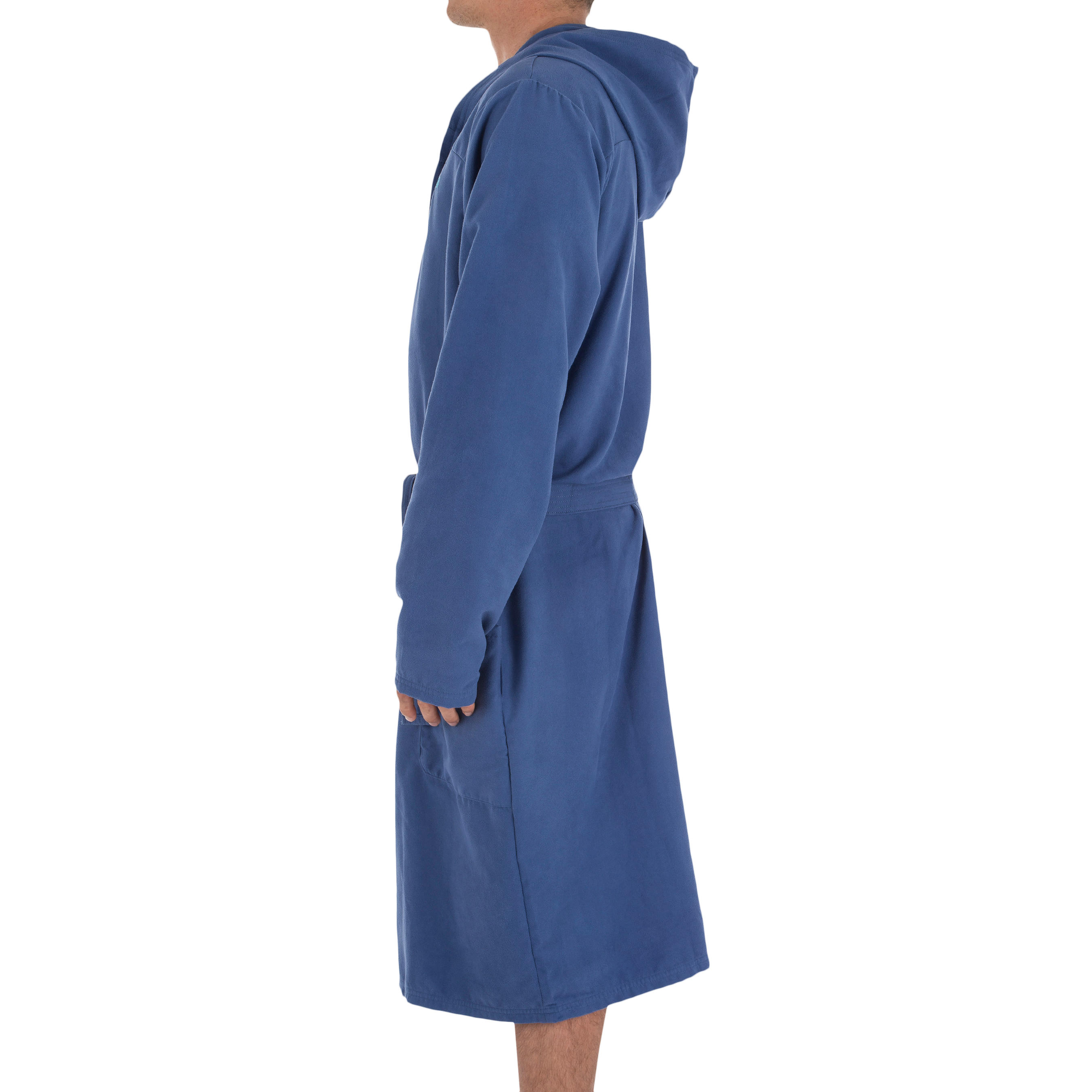 Dark blue men's microfibre pool bathrobe with hood, pockets and belt 4/4
