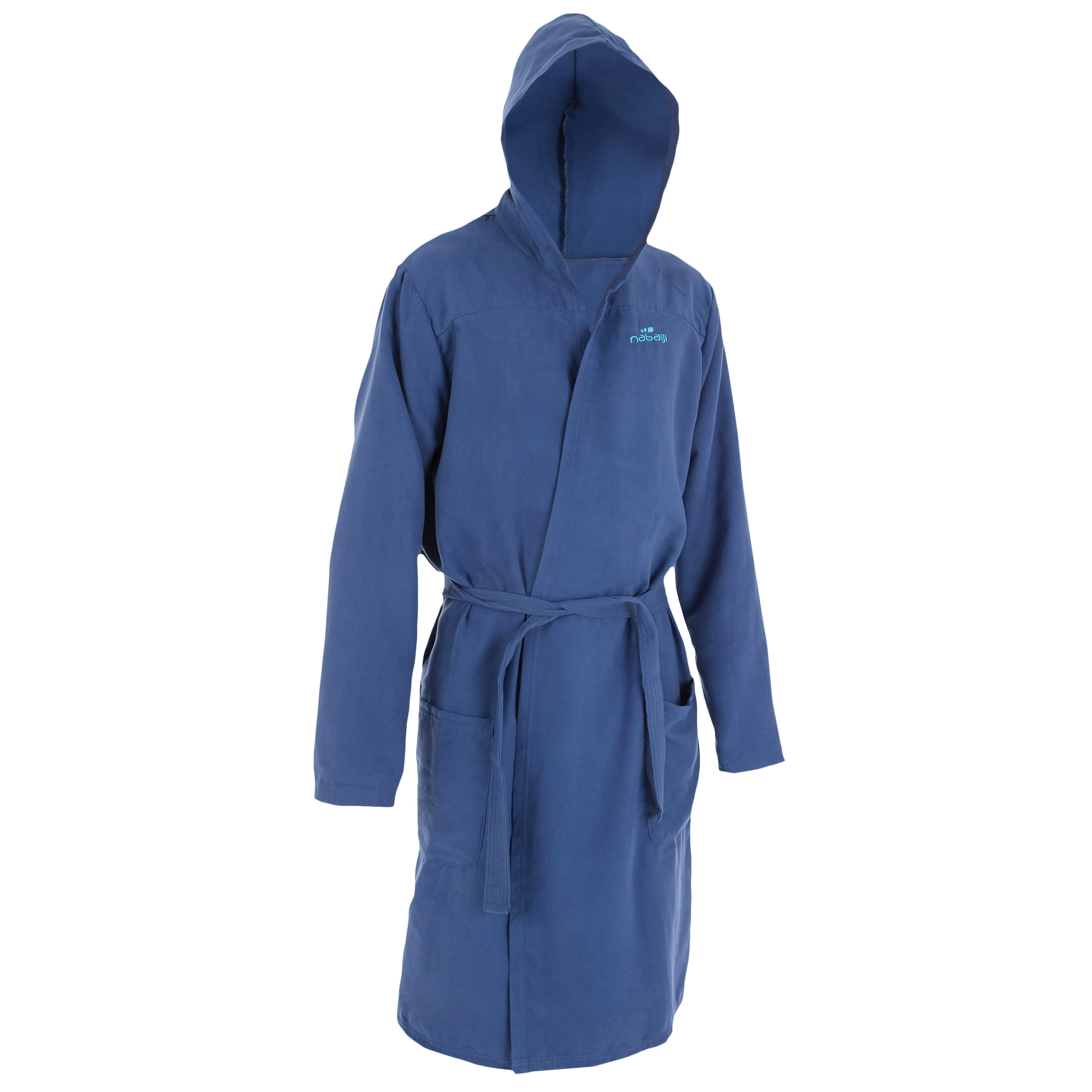 Dark blue men's microfibre pool bathrobe with hood, pockets and belt 1/4