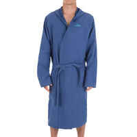 Dark blue men's microfibre pool bathrobe with hood, pockets and belt