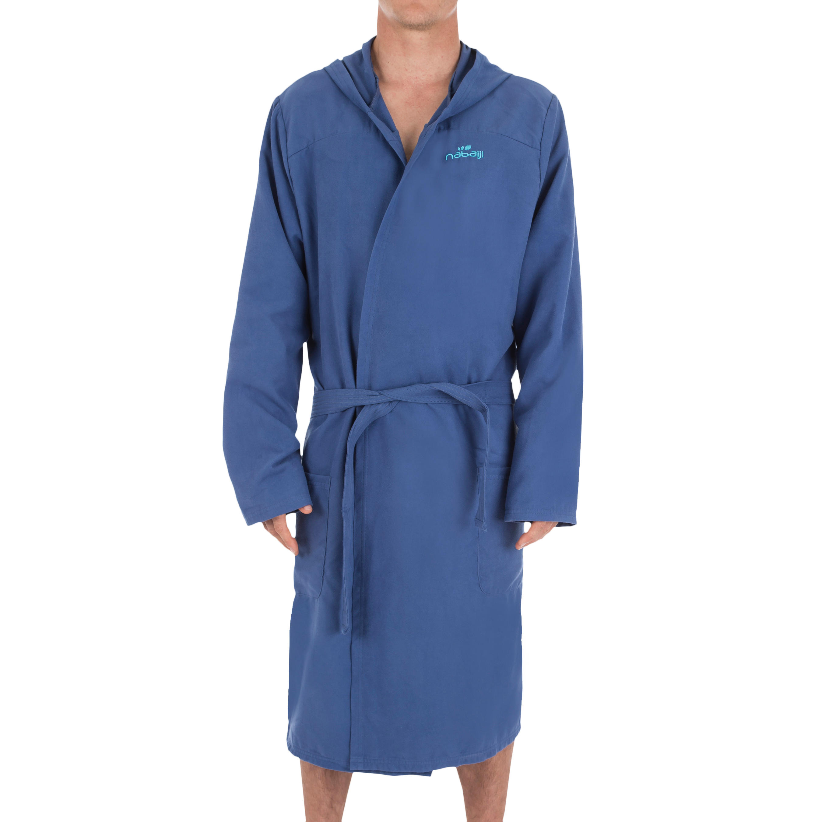 Dark blue men's microfibre pool bathrobe with hood, pockets and belt 2/4