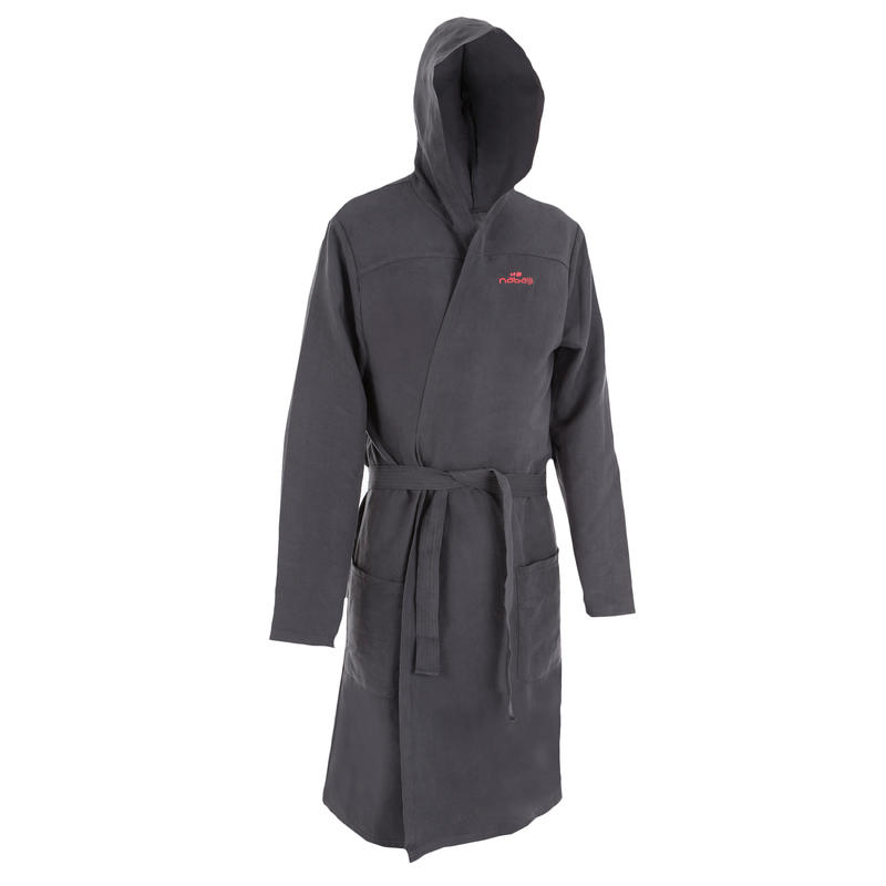 Bata de microfibra natación gris oscuro con capucha, bolsillos y cinturón Bata de microfibra natación gris oscuro con capucha, bolsillos y cinturón
