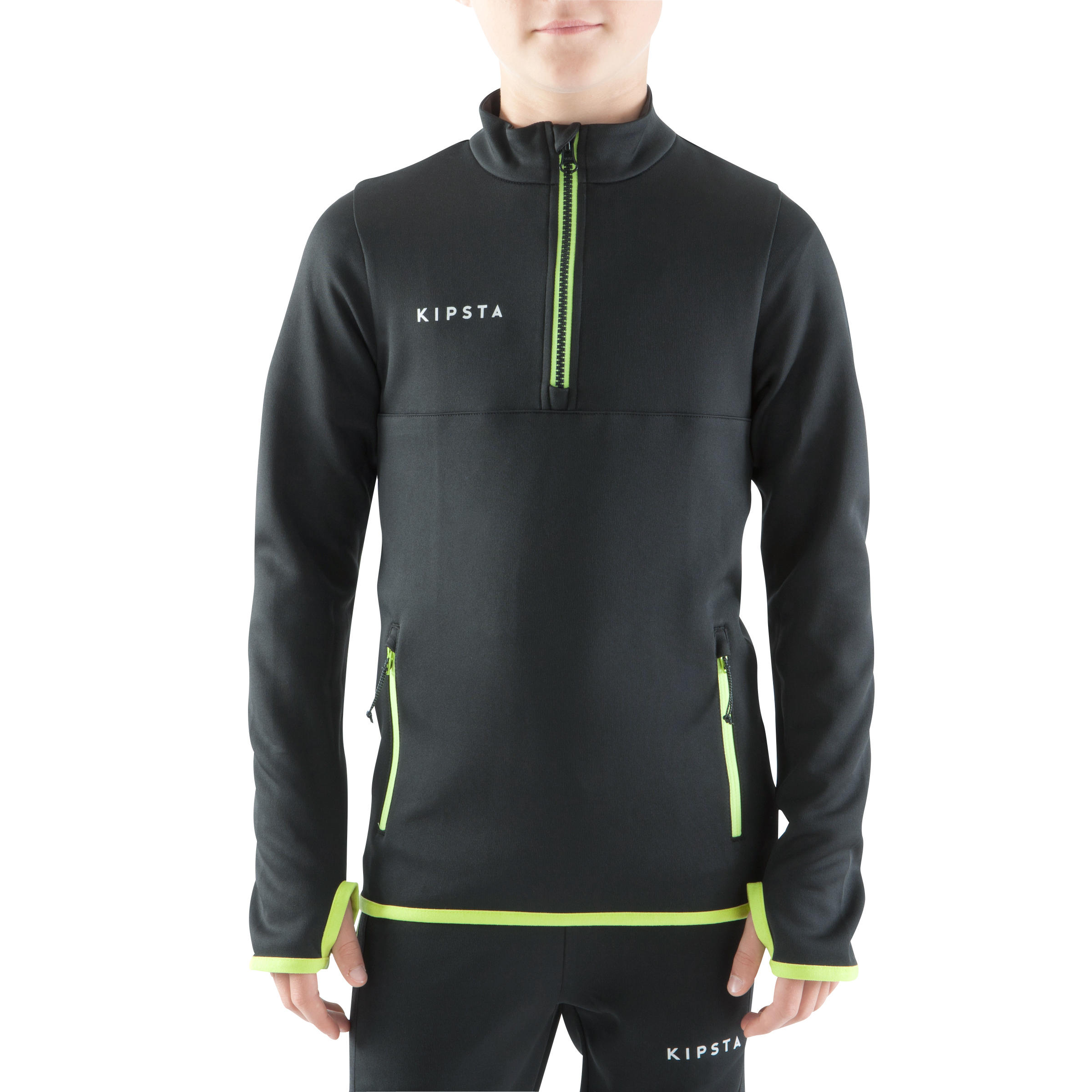 T500 Kids' Half-Zip Football Training Sweatshirt - Black/Neon Yellow 2/14