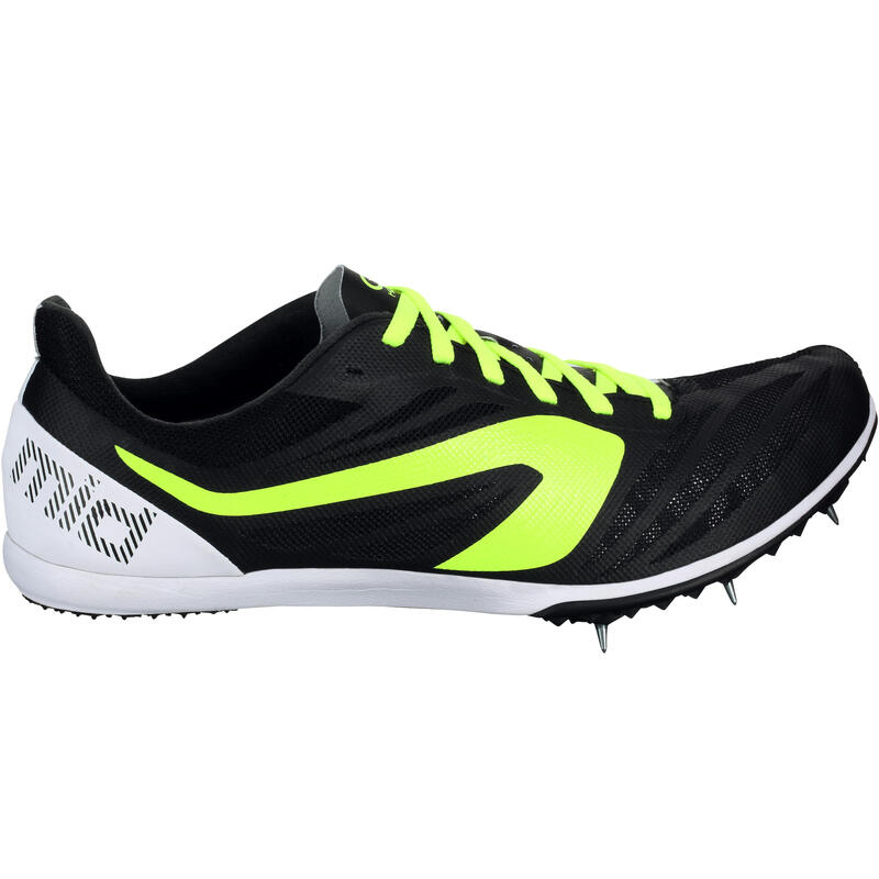 CHAUSSURE D'ATHLETISME A POINTES DEMI FOND NOIRE JAUNE BLANCHE