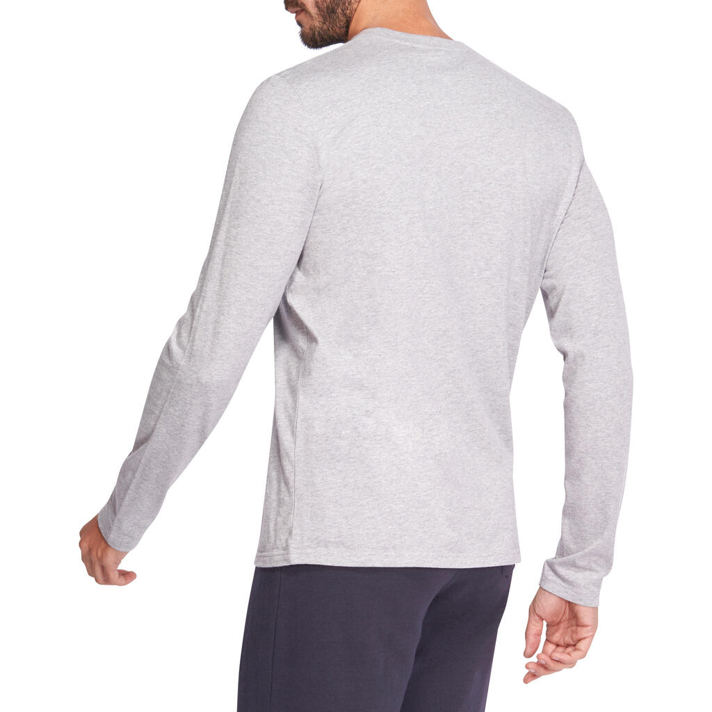 Long-Sleeved Fitness Cotton T-Shirt - Mottled Grey