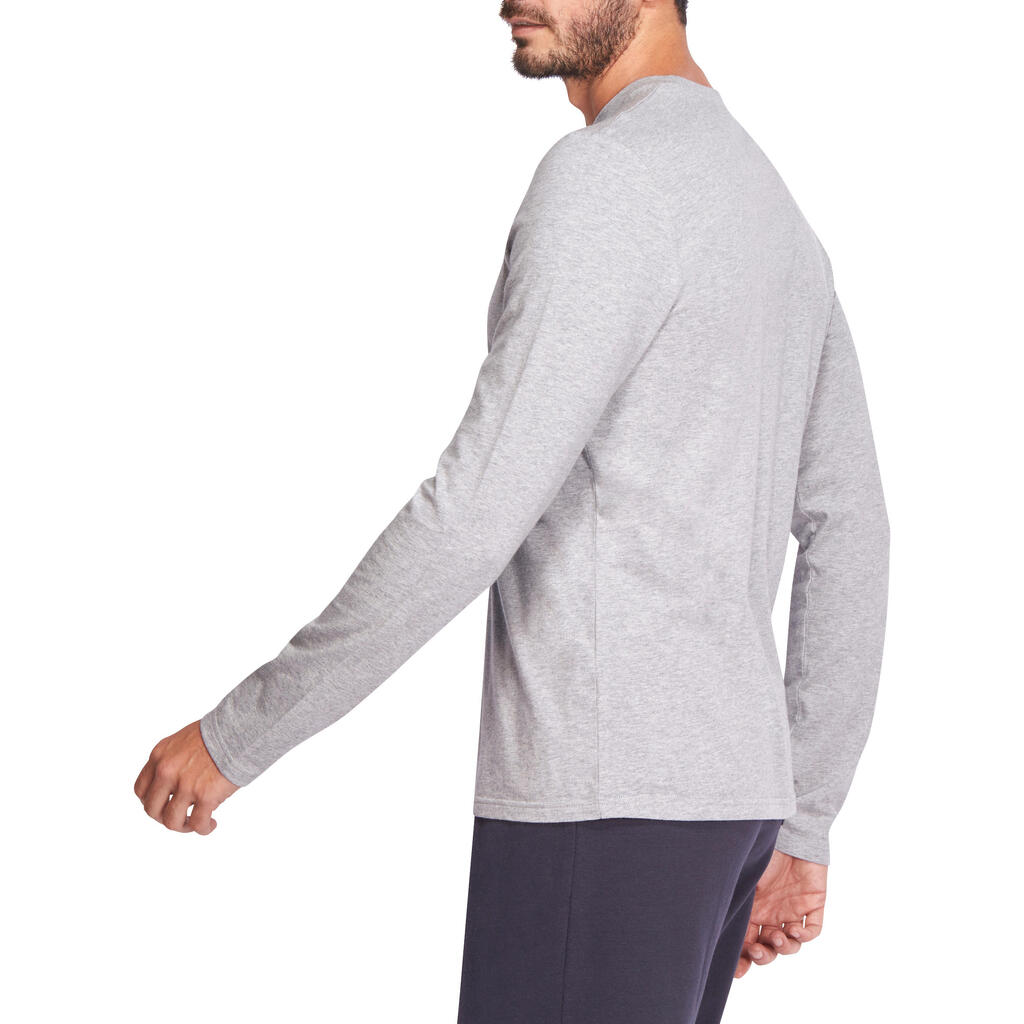 Long-Sleeved Fitness Cotton T-Shirt - Mottled Grey