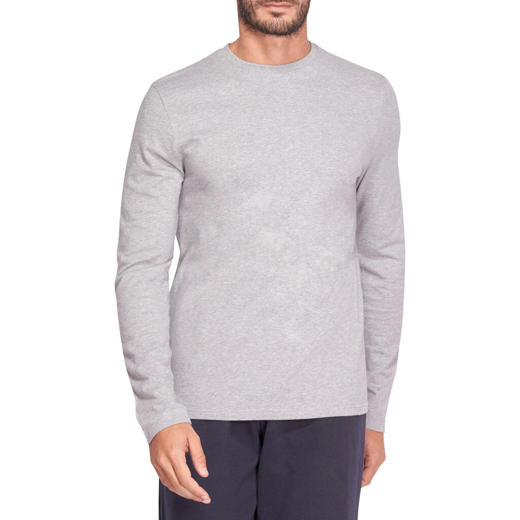Long-Sleeved Fitness Cotton T-Shirt - Mottled Grey