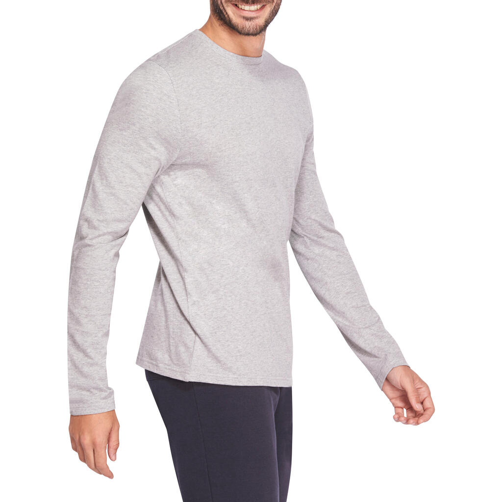 Long-Sleeved Fitness Cotton T-Shirt - Mottled Grey