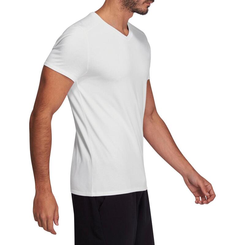 T-shirt homme col V 500 coupe slim blanc