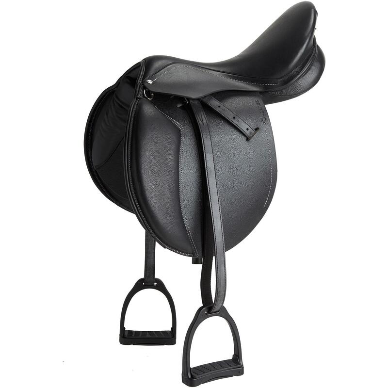 Selle polyvalente en cuir équipée équitation cheval et poney SCHOOLING noir 16"5