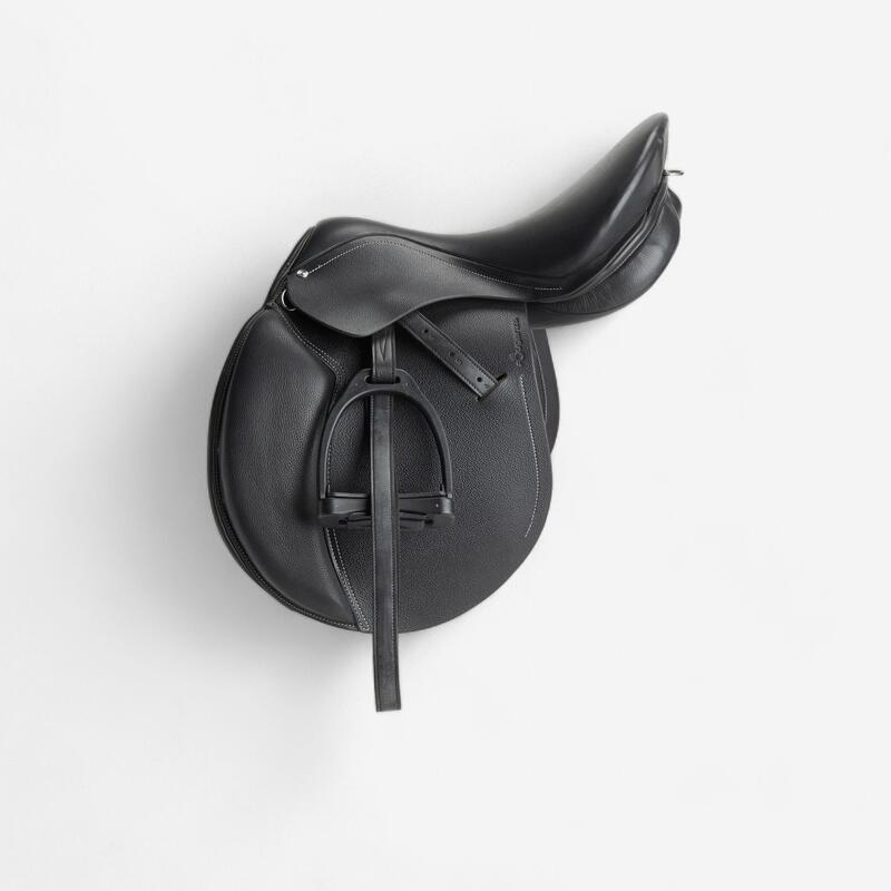 Selle polyvalente en cuir équipée équitation cheval et poney SCHOOLING noir 16"5