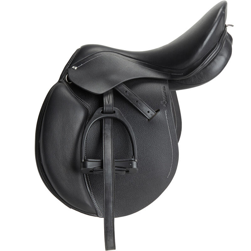 Selle polyvalente en cuir équipée équitation cheval et poney SCHOOLING noir 16"5