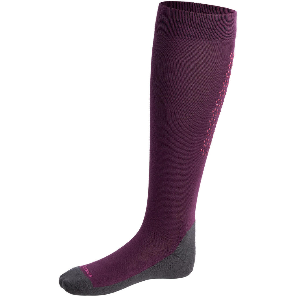 Reitsocken Grippy Damen Einzelpaar pflaume mit rosafarbenem Silikonpatch