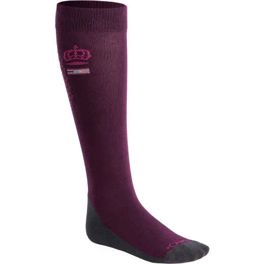 
      Reitsocken Grippy Damen Einzelpaar pflaume mit rosafarbenem Silikonpatch
  