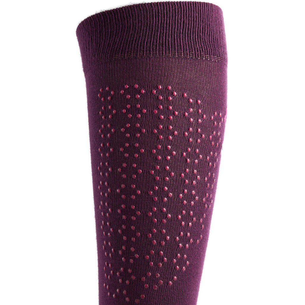 Reitsocken Grippy Damen Einzelpaar pflaume mit rosafarbenem Silikonpatch