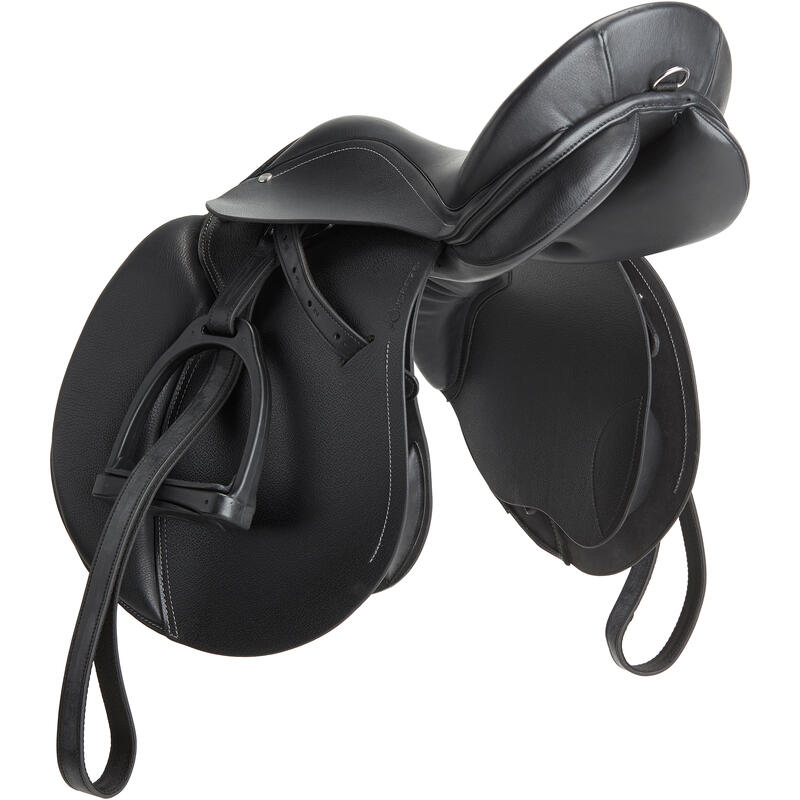 Selle polyvalente en cuir équipée équitation cheval et poney SCHOOLING noir 16"5