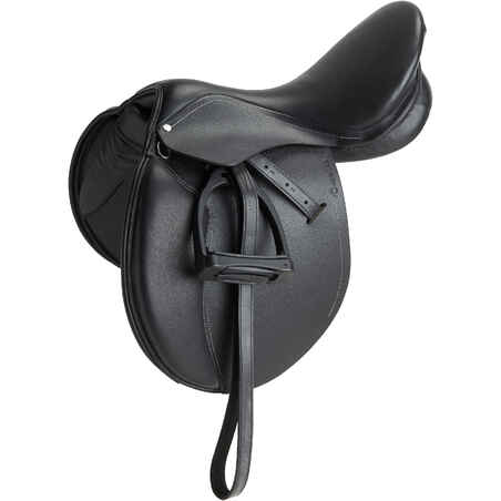 Silla equitación mixta de cuero equipada caballo y poni SCHOOLING negro 16"5 