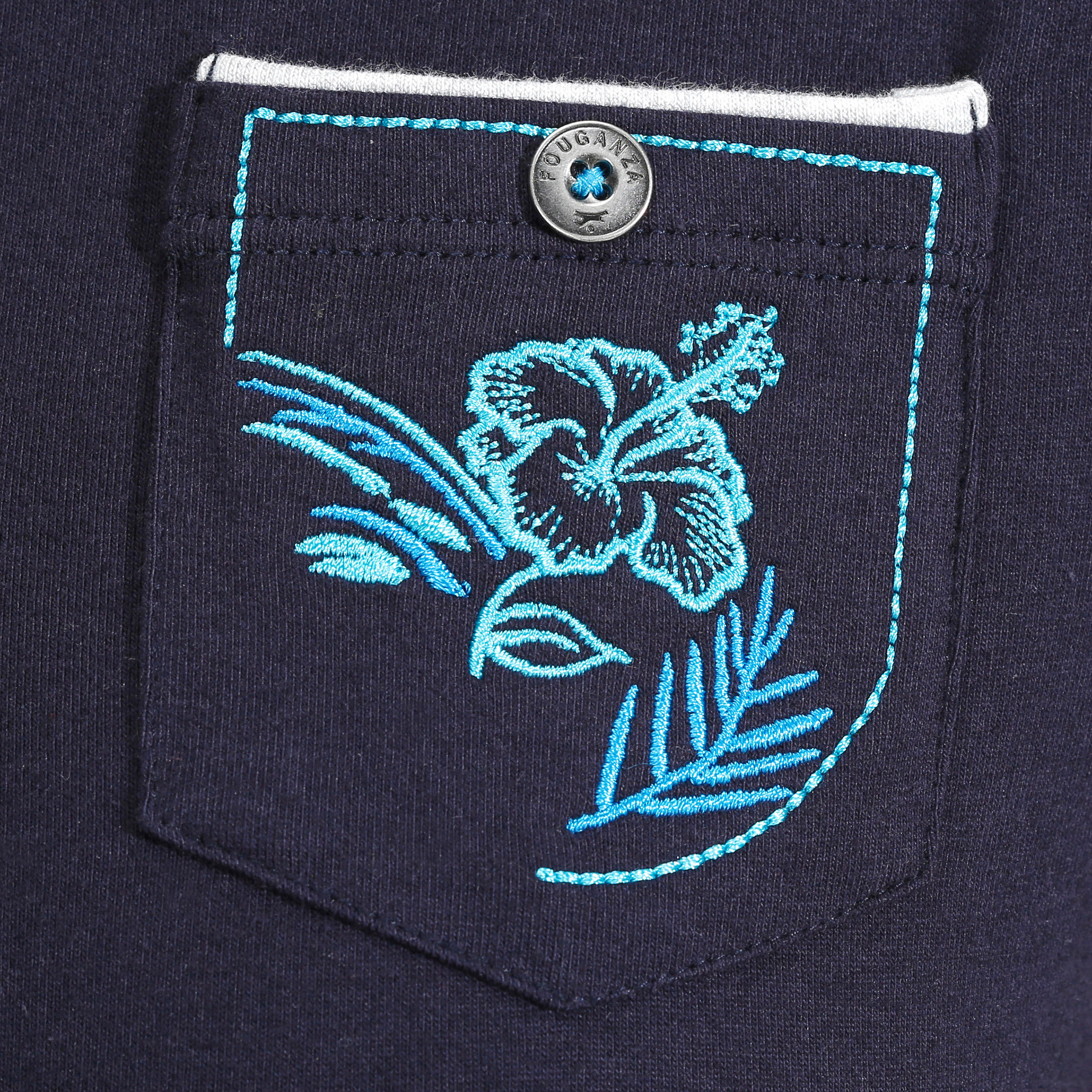 Flower Women's Short-Sleeved Riding Shirt Embroidered Turquoise Pocket - Navy 9/13