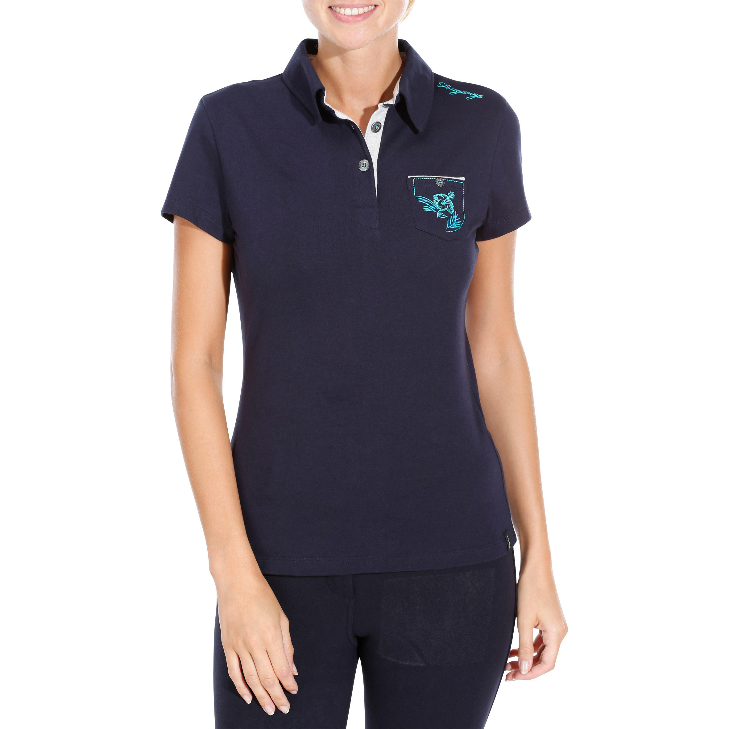 Flower Women's Short-Sleeved Riding Shirt Embroidered Turquoise Pocket - Navy 2/13