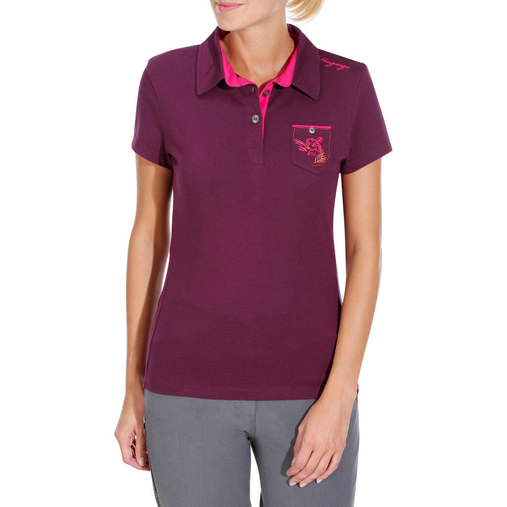 Flower Women's Short-Sleeved Horse Riding Shirt Embroidered Pink Pocket - Plum