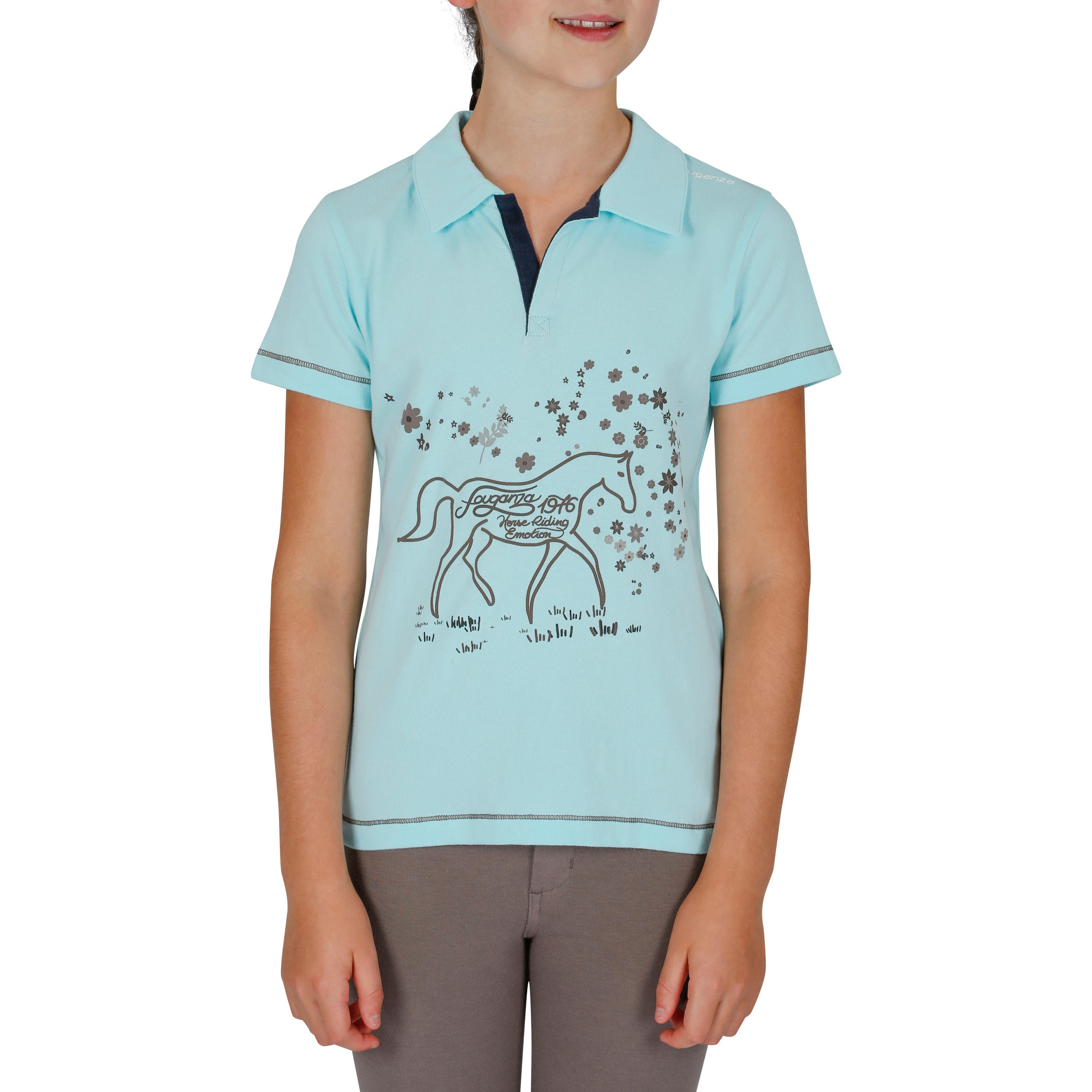 Flower Power Children's Short-Sleeved Horse Riding Polo Shirt - Sky Blue 2/13