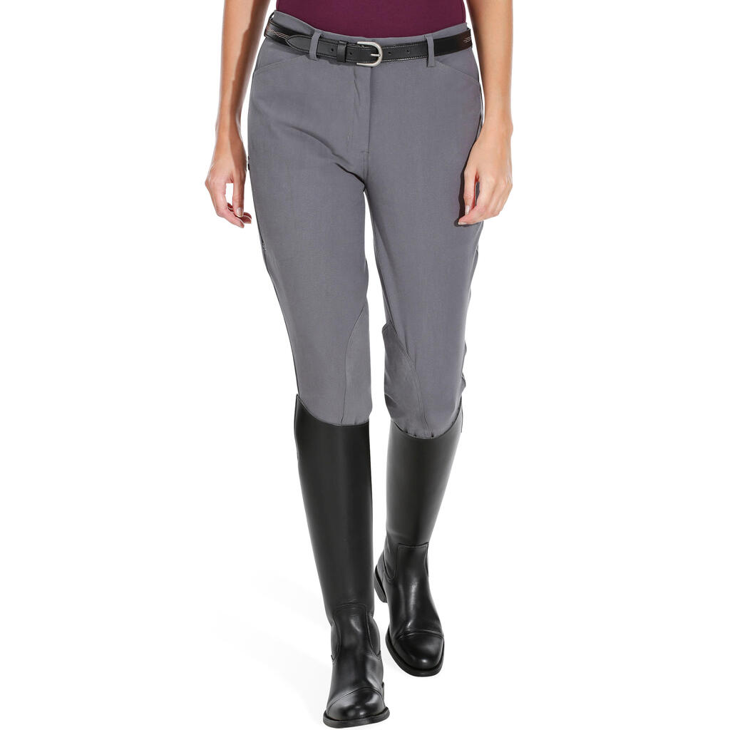 BR500 Women's Horse Riding Suede Patch Jodhpurs - Grey