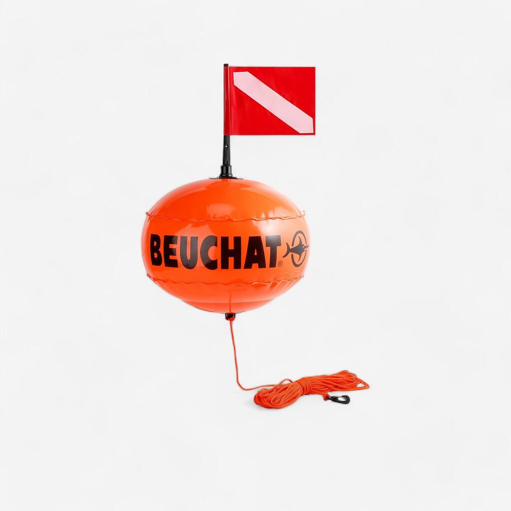 Inflatable, round spearfishing surface marker buoy