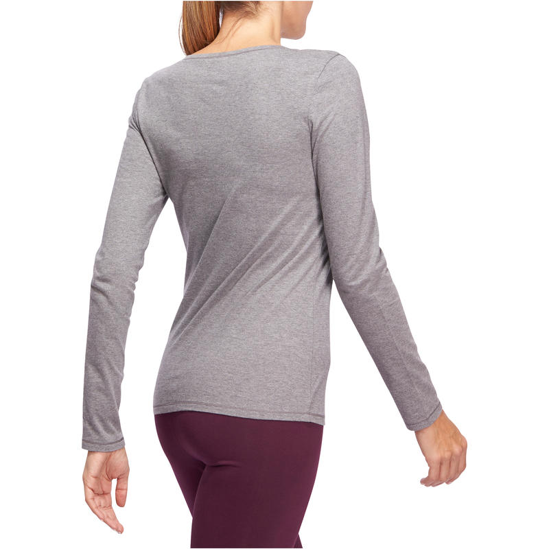 100 Women's Long-Sleeved Gym Stretching T-Shirt - Mottled Grey - Decathlon