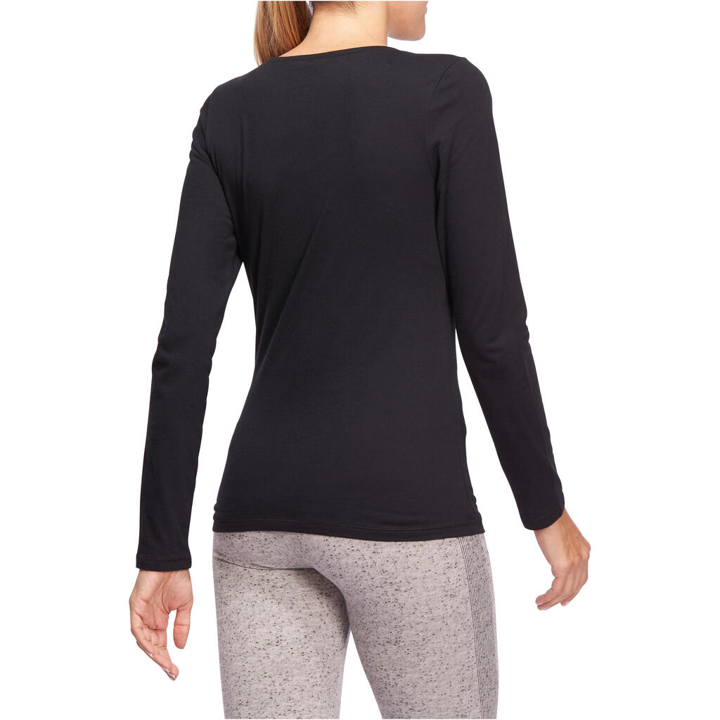 Women's Long-Sleeved Fitness T-Shirt 100 - Black