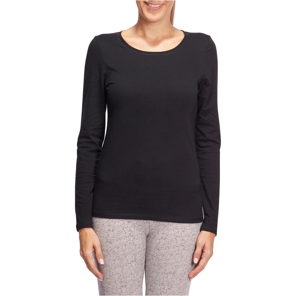 Women's Long-Sleeved Fitness T-Shirt 100 - Black