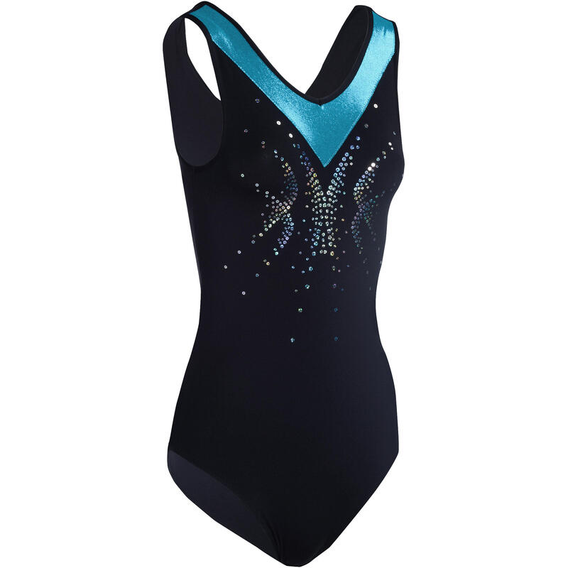 Maillot preto e turquesa sem mangas de Ginástica Artistica Feminina