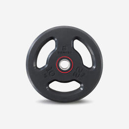 Disque musculation caoutchouc 10kg 28mm avec poignées, fonte à 80% recyclé
