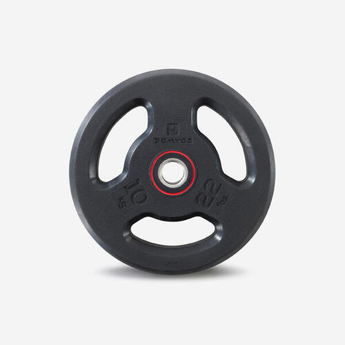Disque musculation caoutchouc 10kg 28mm avec poignées, fonte à 80% recyclé
