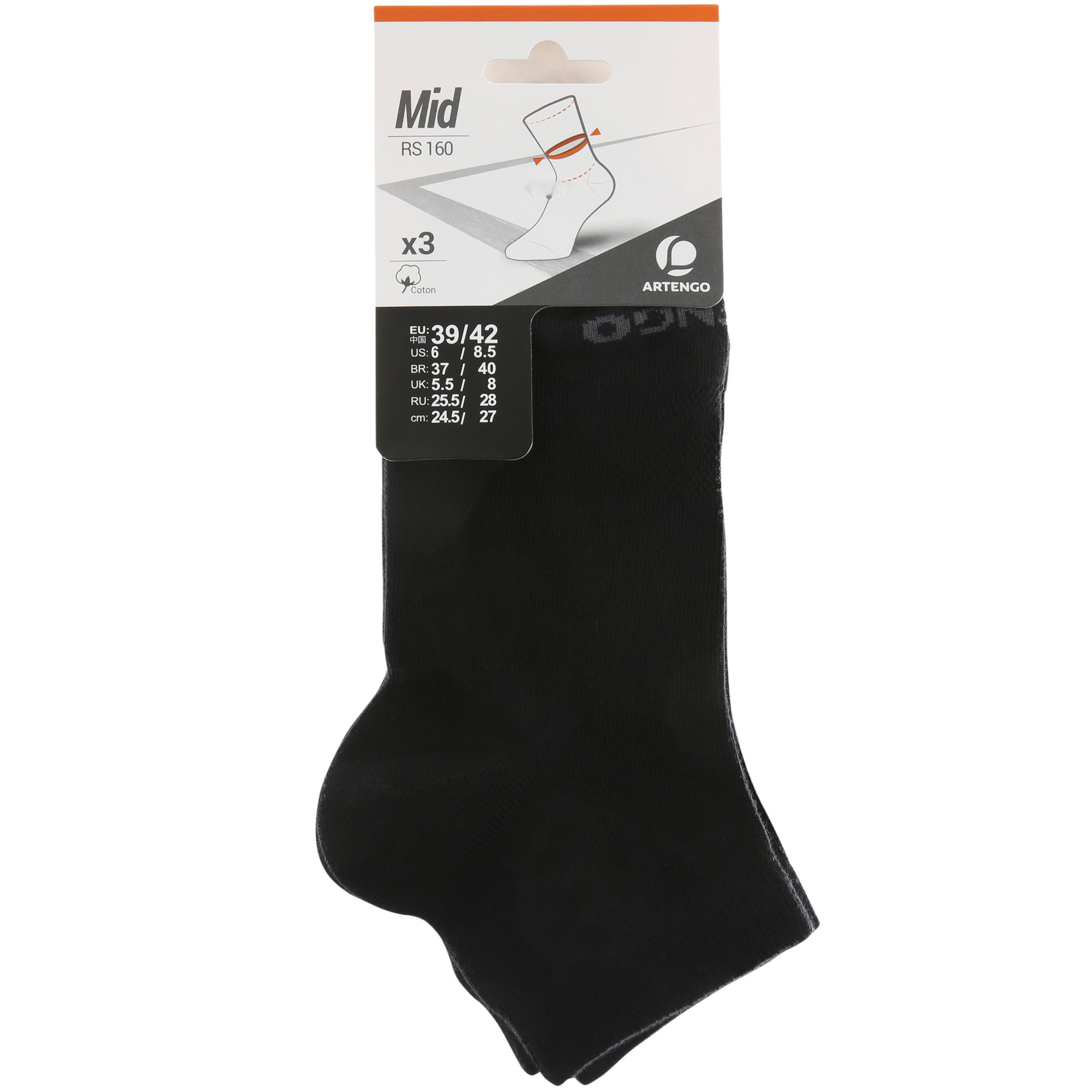 RS 160 Adult Mid Sports Socks Tri-Pack - Black 12/12