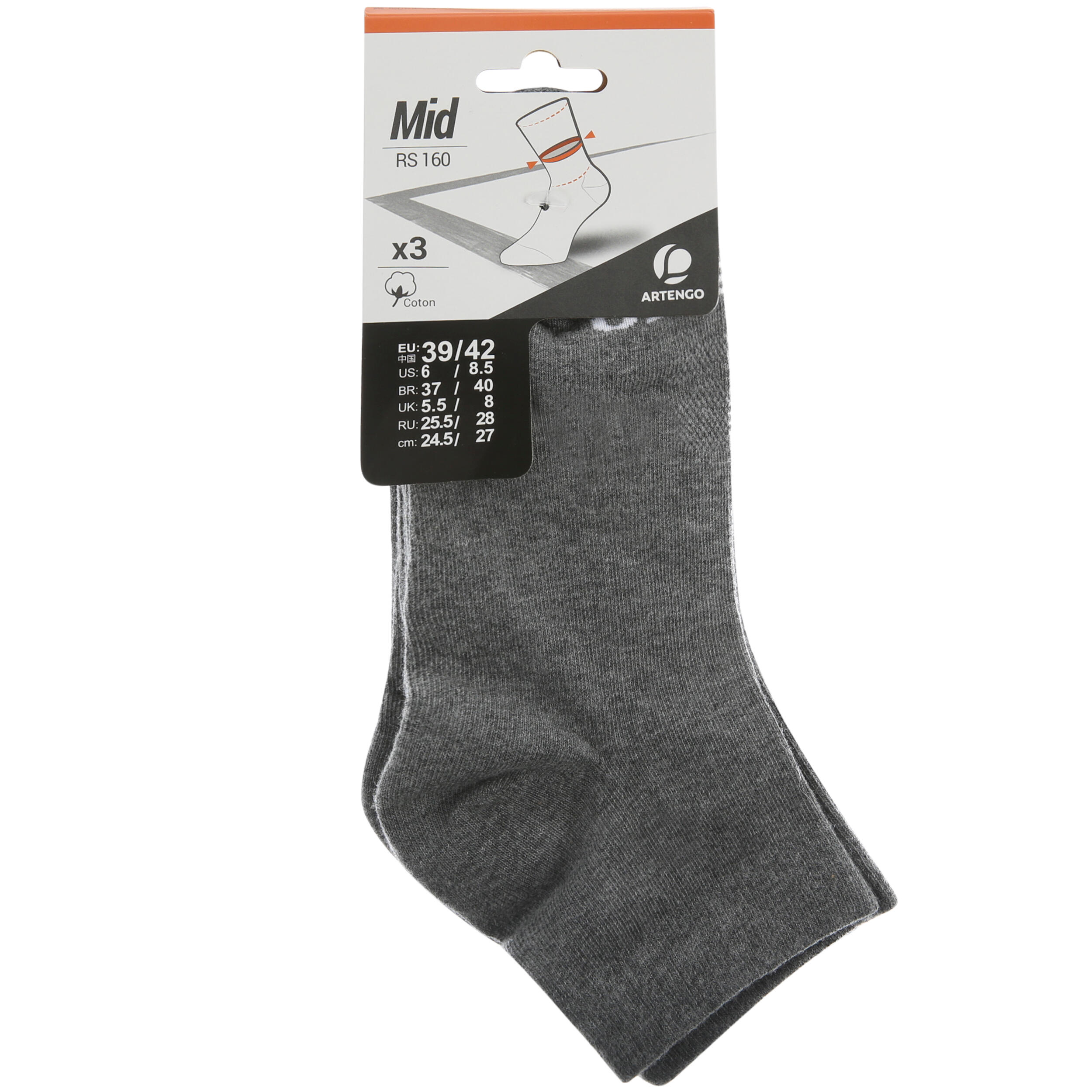 RS 160 Adult Mid Sports Socks Tri-Pack - Dark Grey 9/9