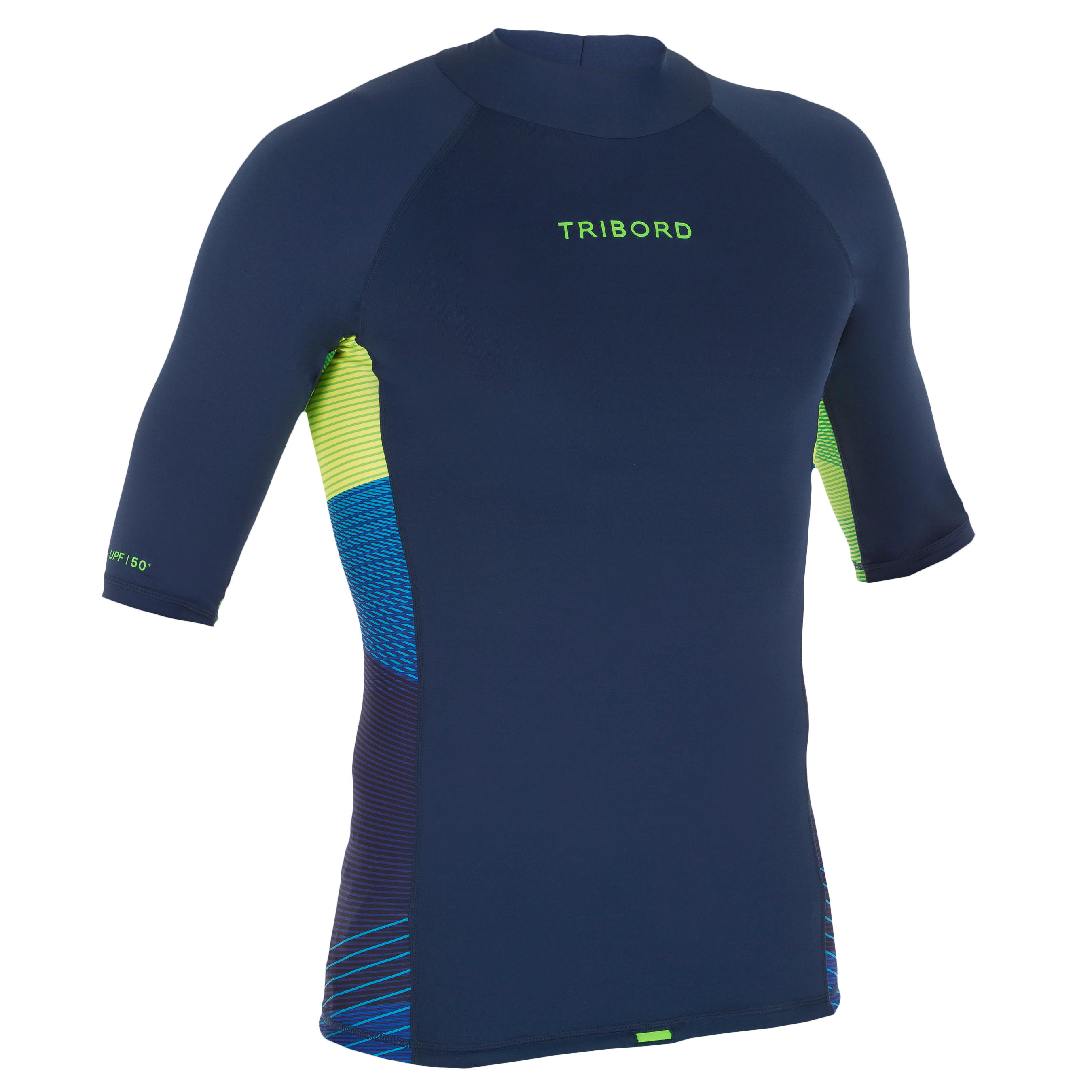 TRIBORD 500 Men's Short Sleeve UV Protection Surfing T-Shirt Top - Blue Stripes
