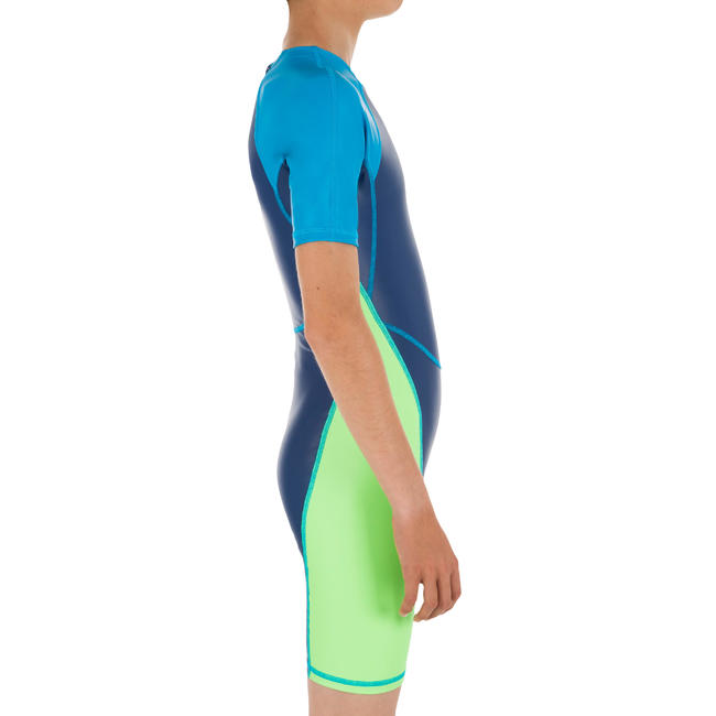 BOYS SWIMMING WETSUIT SHORTY 100 KLOUPI BLUE/GREEN