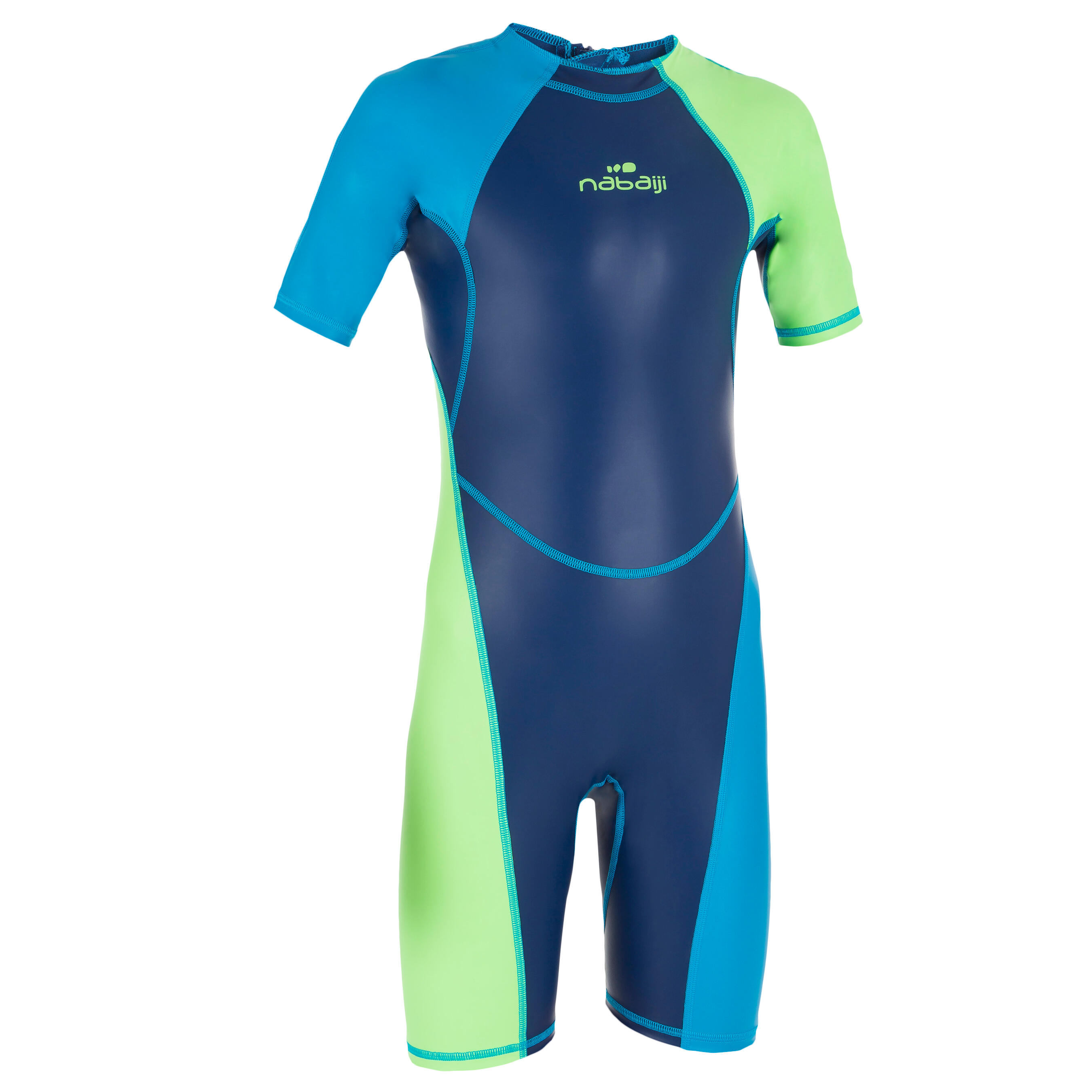 BOYS SWIMMING WETSUIT SHORTY 100 KLOUPI - BLUE/GREEN 1/6