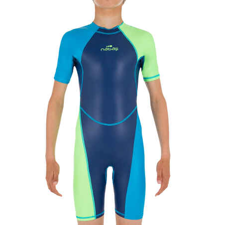 BOYS SWIMMING WETSUIT SHORTY 100 KLOUPI - BLUE/GREEN